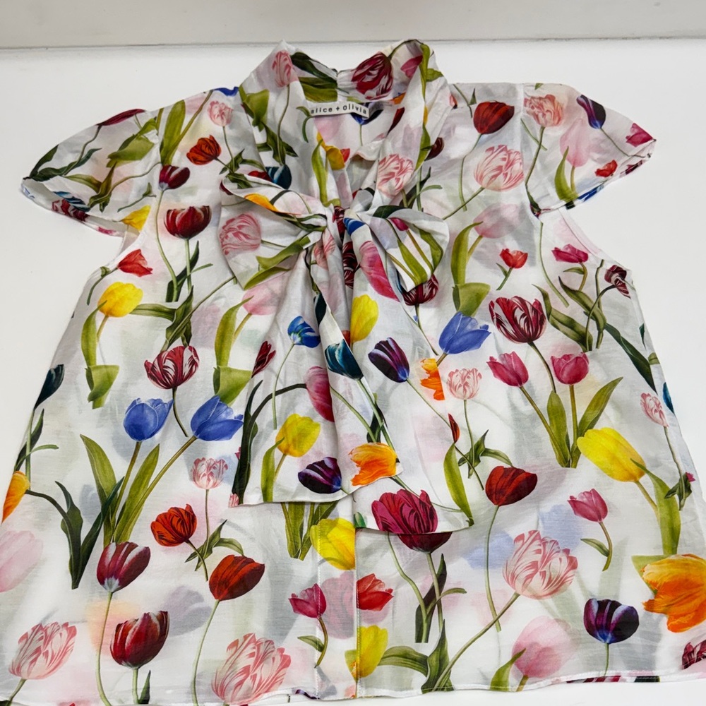 Alice + Olivia White Floral Tie-Bow Neck Blouse